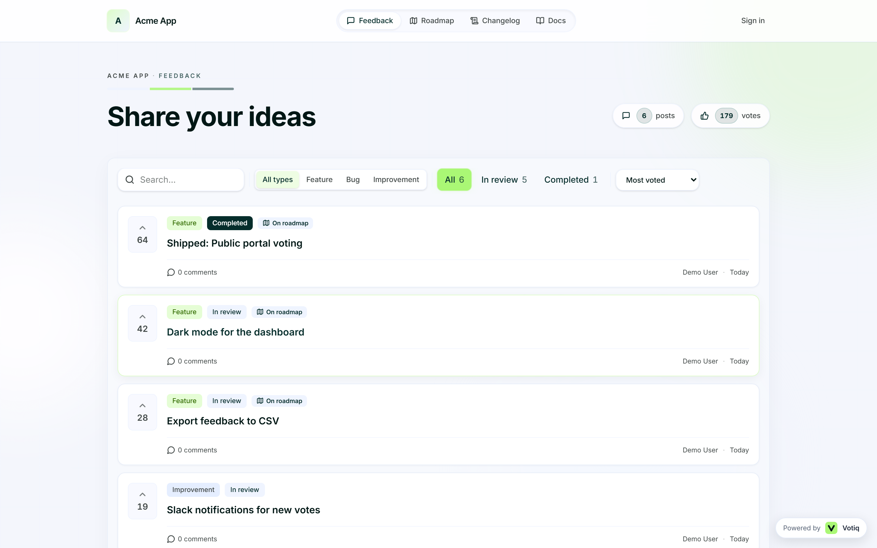 Votiq widget and public portal showing product updates