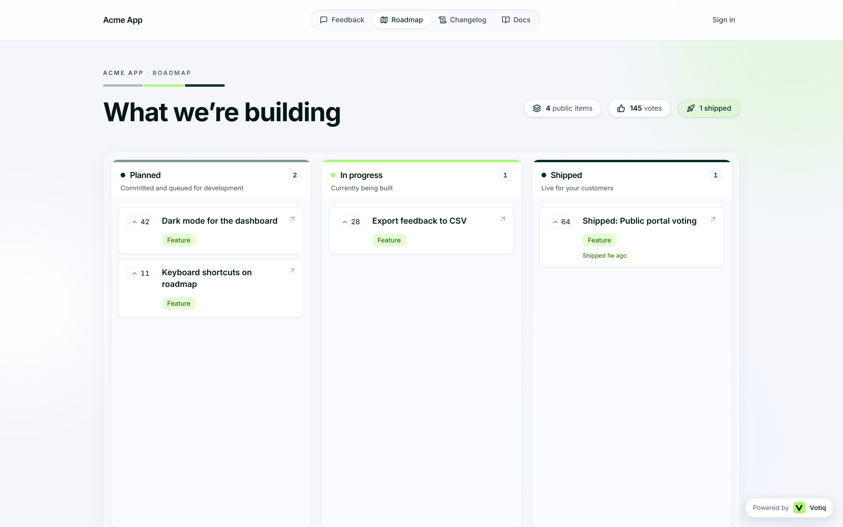Votiq public product roadmap with planned and in-progress columns